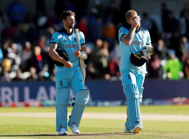 Mark Wood and Ben Stokes look dejected at the end of the match