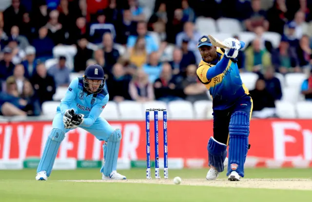 Angelo Mathews (right) bats during the ICC Cricket World Cup group stage match at Headingley, Leeds