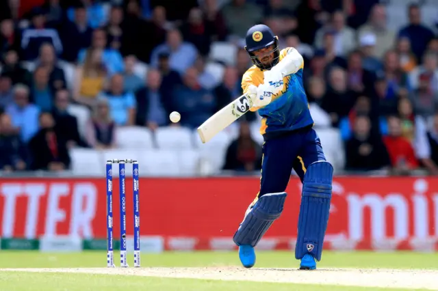 Dhananjaya de Silva bats during the ICC Cricket World Cup group stage match at Headingley, Leeds