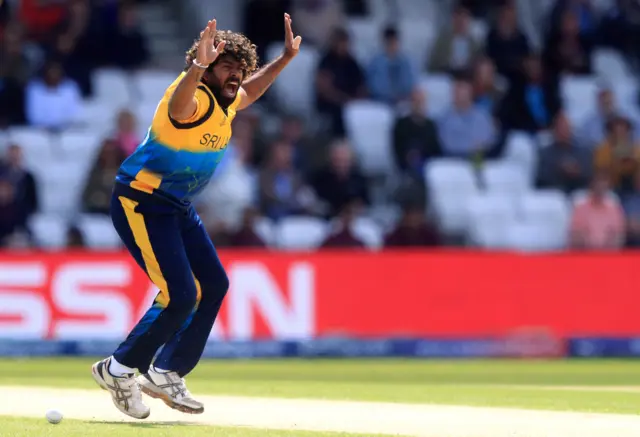 Lasith Malinga celebrates taking the wicket of England's Jonny Bairstow