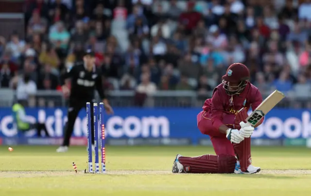 Shimron Hetmyer is bowled out by New Zealand's Lockie Ferguson