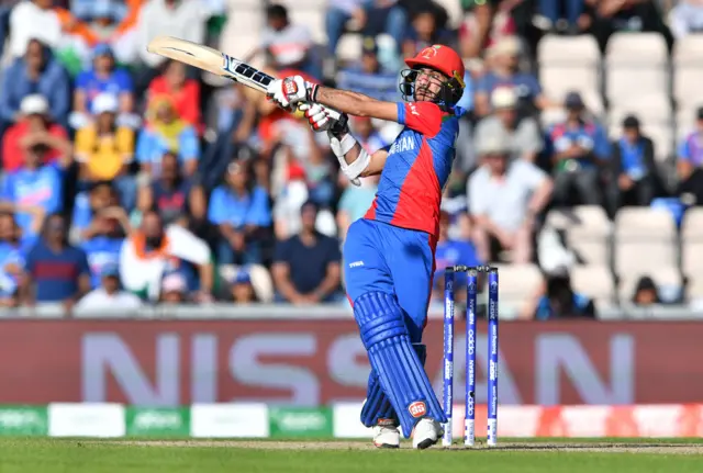 Ikram Ali Khil plays a shot during the 2019 Cricket World Cup group stage match between India and Afghanistan