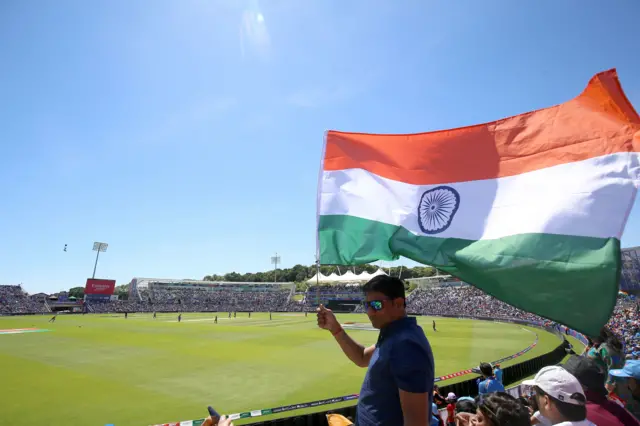 An Indian fan shows their support in the stands during the ICC Cricket World Cup group stage match at the Hampshire Bowl, Southampton