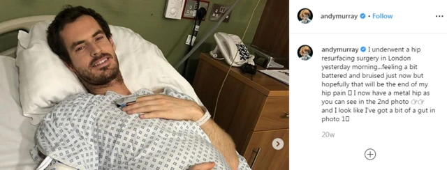 An Instagram post of Andy Murray in hospital after hip surgery