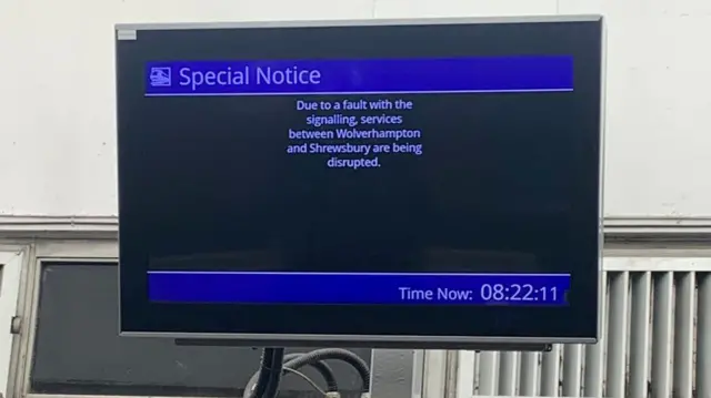 Screen at Shrewsbury showing cancelled train