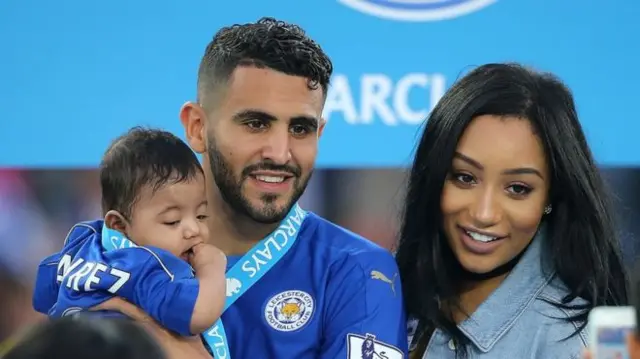 Riyad Mahrez celebrates with his wife Rita after winning the 2015-16 Premier League title with Leicester