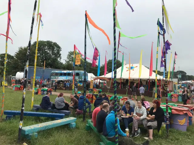 People sat inside Glastonbury