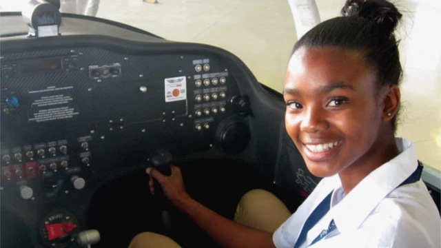 South African student Agnes Keamogetswe Seemela, 15, sitting in a plane