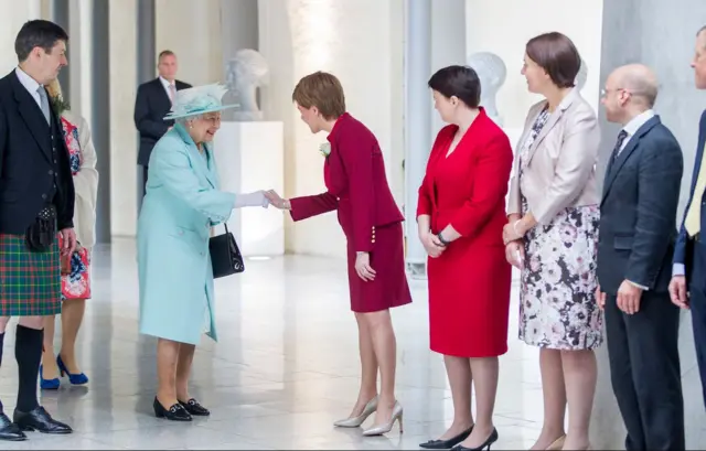 The Queen met the first minister, party leaders and the presiding officer when she opened the Scottish Parliament in 2016