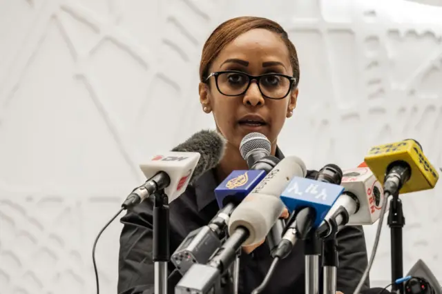 Billene Seyoum speaking at a press conference on 23 June