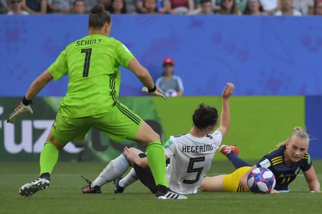 Stina Blackstenius slips as she tried to round the last German defender