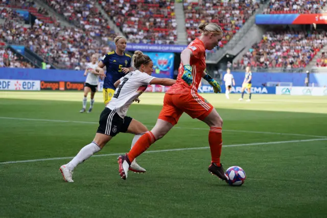 Sweden goalkeeper Hedvig Lindahl is put under pressure by Svenja Huth