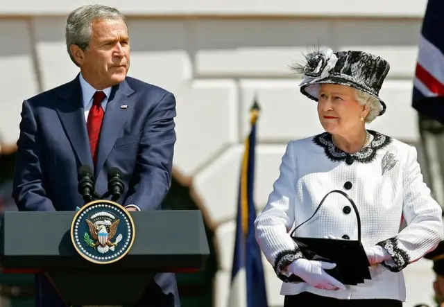 President George W Bush welcomes the Queen at the White House during her six-day trip to the US