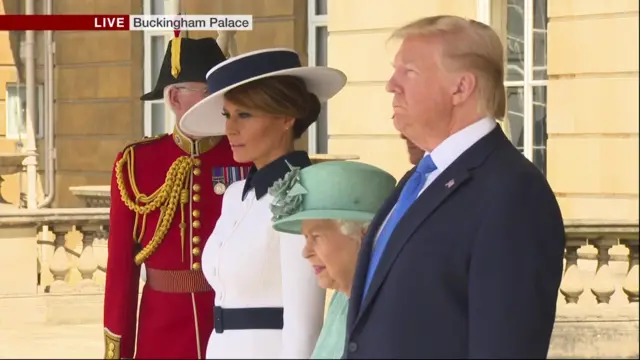 Queen, US President and First Lady listen to US national anthem