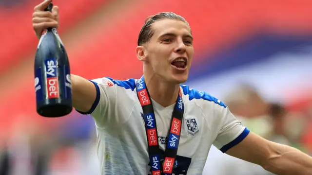 Sid Nelson celebrating Tranmere's play-off win