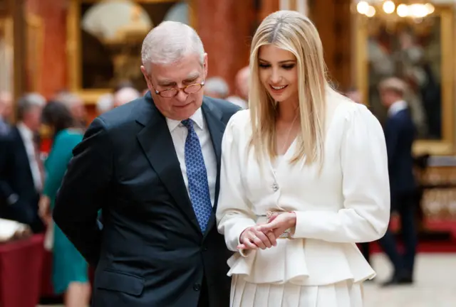 Ivanka Trump (R), daughter of US President Donald Trump, and Britain"s Prince Andrew, Duke of York, (L) view displays of US items of the Royal Collection at Buckingham palace at Buckingham Palace in central London on June 3, 2019, on the first day of the US president and First Lady"s three-day State Visit to the UK