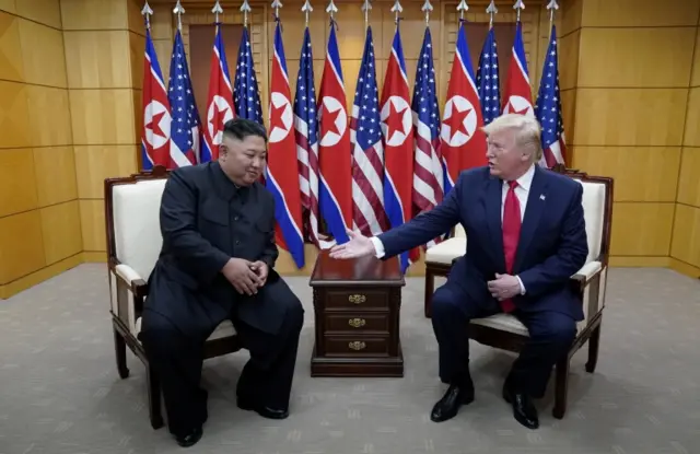 U.S. President Donald Trump meets with North Korean leader Kim Jong Un at the demilitarized zone separating the two Koreas, in Panmunjom, South Korea, June 30, 2019.