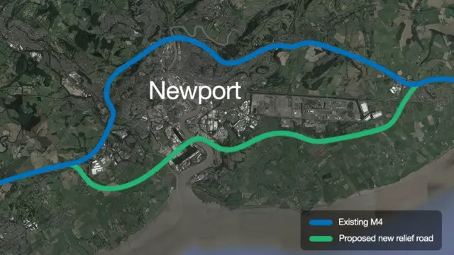 Image showing the existing M4 and proposed M4 relief road in Newport