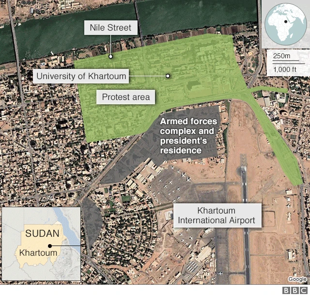 A map showing the location of the protest area in Khartoum.