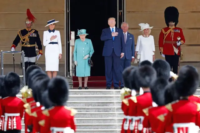 (left to right) First Lady Melania Trump, Queen Elizabeth II, President Trump, Prince Charles and Camilla, Duchess of Cornwall