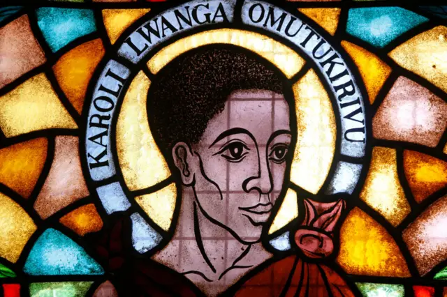 A stained glass window depitcing one of the martyrs at the shrine