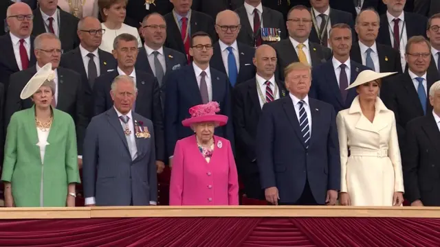 (left to right) Theresa May, The Prince of Wales, Queen Elizabeth II, Donald Trump, Melania Trump