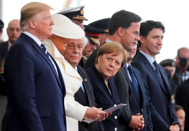 President Trump (with First Lady Melania), Greek President Prokopis Pavlopoulos, German Chancellor Angela Merkel, Dutch Prime Minister Mark Rutte, Luxembourg's Prime Minister Xavier Bettel and Canada's Prime Minister Justin Trudeau