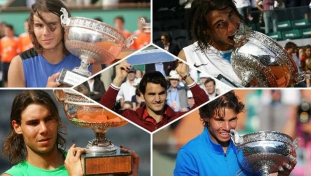 A split picture showing the four times Nadal won and the one time Federer won when they played in French Open finals
