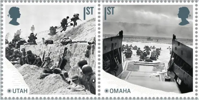 Stamps showing troops on Utah and Omaha beaches on D-Day