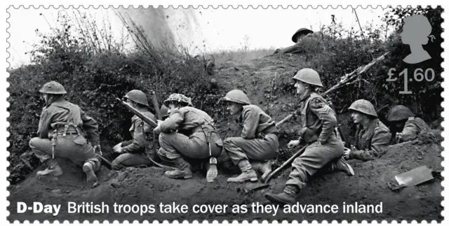 D-Day stamps showing British troops advancing inland