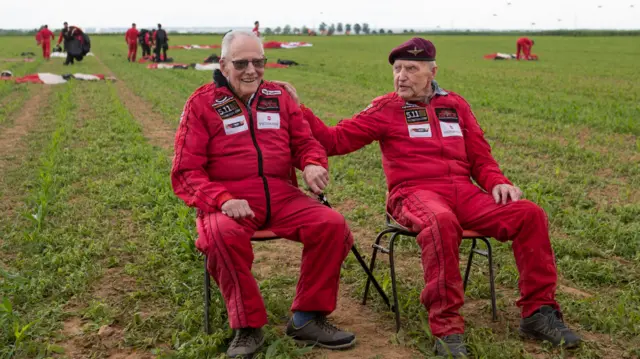 Veterans Harry Read, 95, (left) and Jock Hutton, 94, after the jump