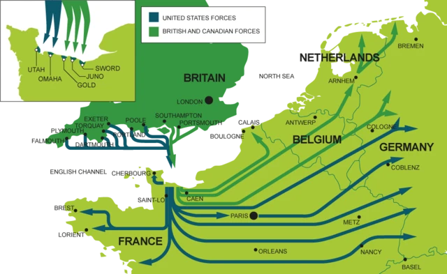 Map depicts Allied movement through northern France