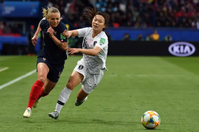 Marion Torrent vies with South Korea"s defender Selgi Jang