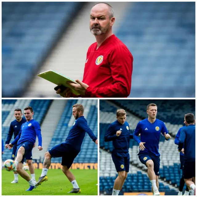 Clockwise from top: Scotland captain Steve Clarke and his players training at Hampden