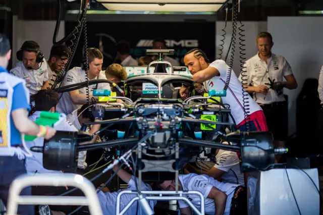 Lewis Hamilton in the Mercedes garage