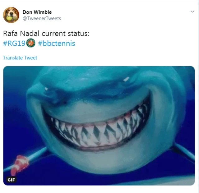 A photo from Finding Nemo with Nemo in front of a big shark and a tweet saying: 'Rafael Nadal current status'