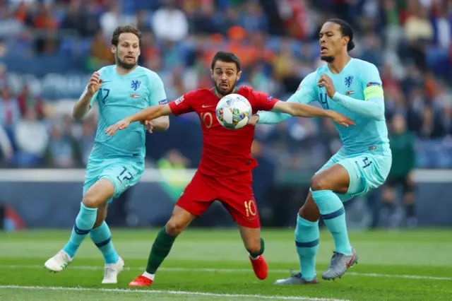 Bernardo Silva in contention for the ball with Daley Blind and Virgil Van Dijk