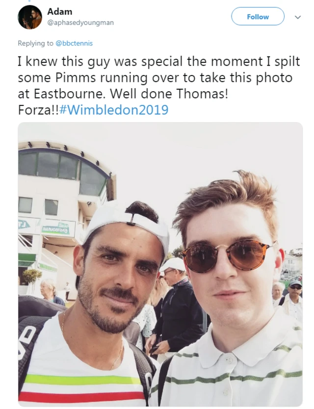 Adam tweeted: 'I knew this guy was special the moment I spilt some Pimms running over to take this photo at Eastbourne. Well done Thomas! Forza'