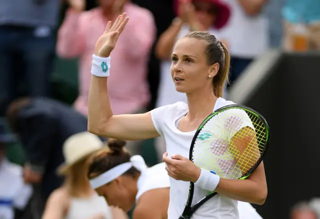 Magdalena Rybarikova celebrates her win in the opening round at Wimbledon