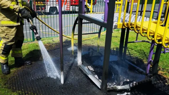 Water being sprayed on play area