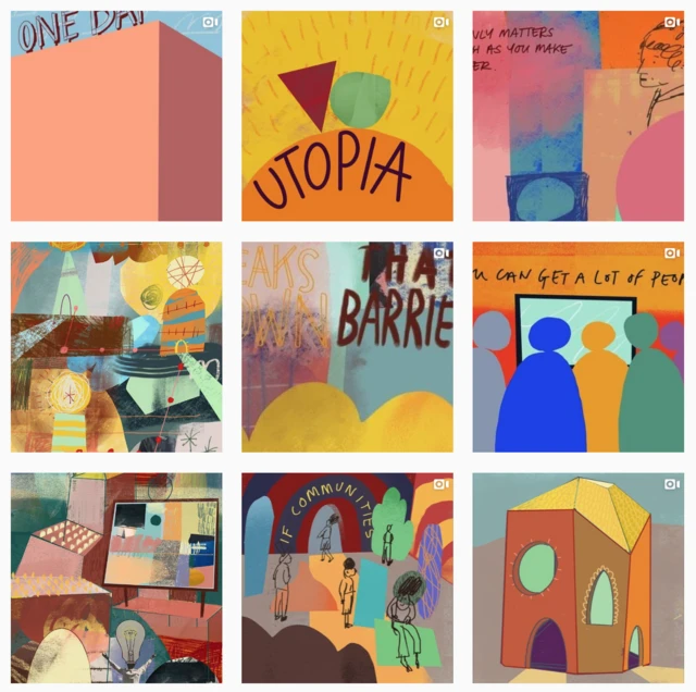 Colourful thumbnail images of hand-drawn artwork