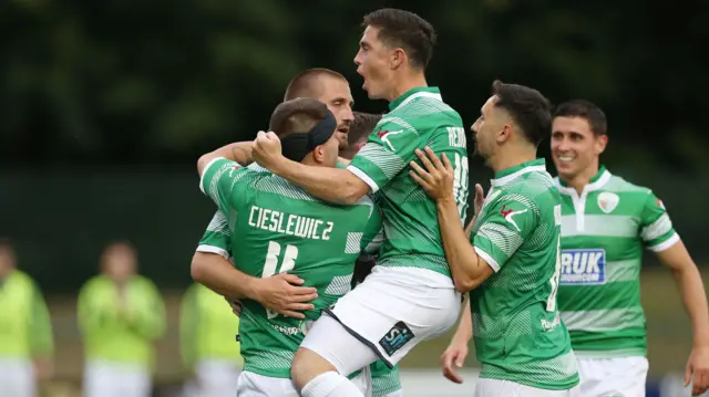 The New Saints" Greg Draper celebrates scoring his side"s first goal of the game