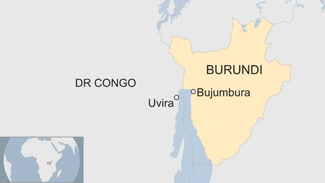 A map showing the location of Bujumbura in Burundi relative to Uvira in DR Congo.