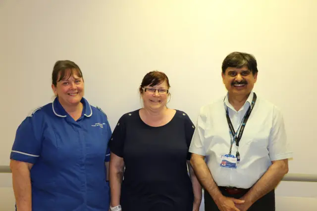 Jackie (centre) with Professor Shad and Specialist Nurse Sharon Sullivan