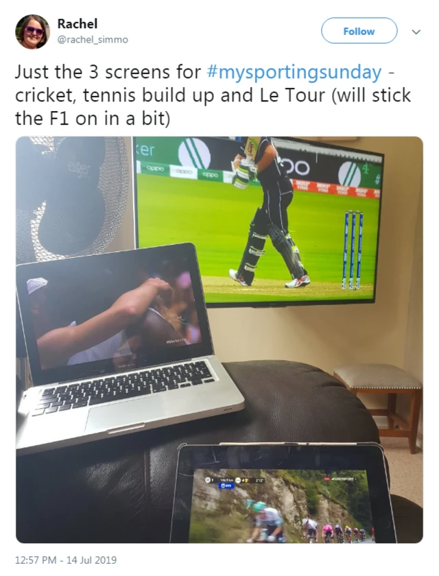 Rachel_Simmo tweeted: Just the 3 screens for #mysportingsunday - cricket, tennis build up and Le Tour (will stick the F1 on in a bit)