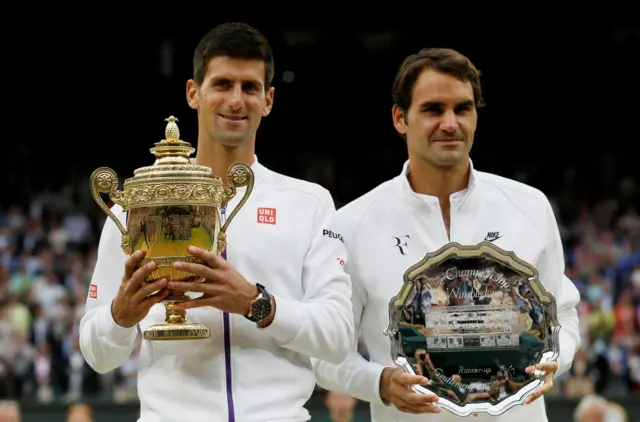 Novak Djokovic with the men's singles trophy and Roger Federer with the runners-up plate in 2015