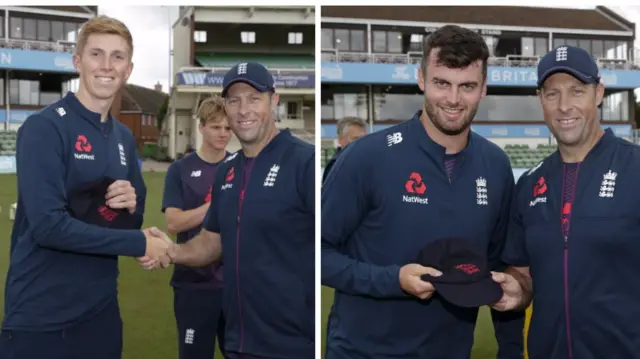 Openers Zak Crawley (left) and Dom Sibley both received their first England Lions caps from former England Test opener Marcus Trescothick at Canterbury yesterday