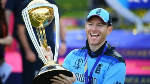 Victorious England captain Eoin Morgan holds the Cricket World Cup