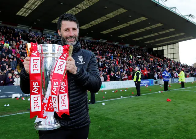 Danny Cowley with the League Two trophy
