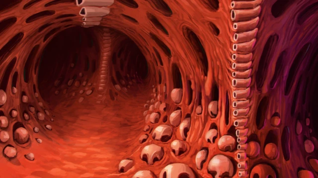Concept art showing red organic walls and skulls on the ground